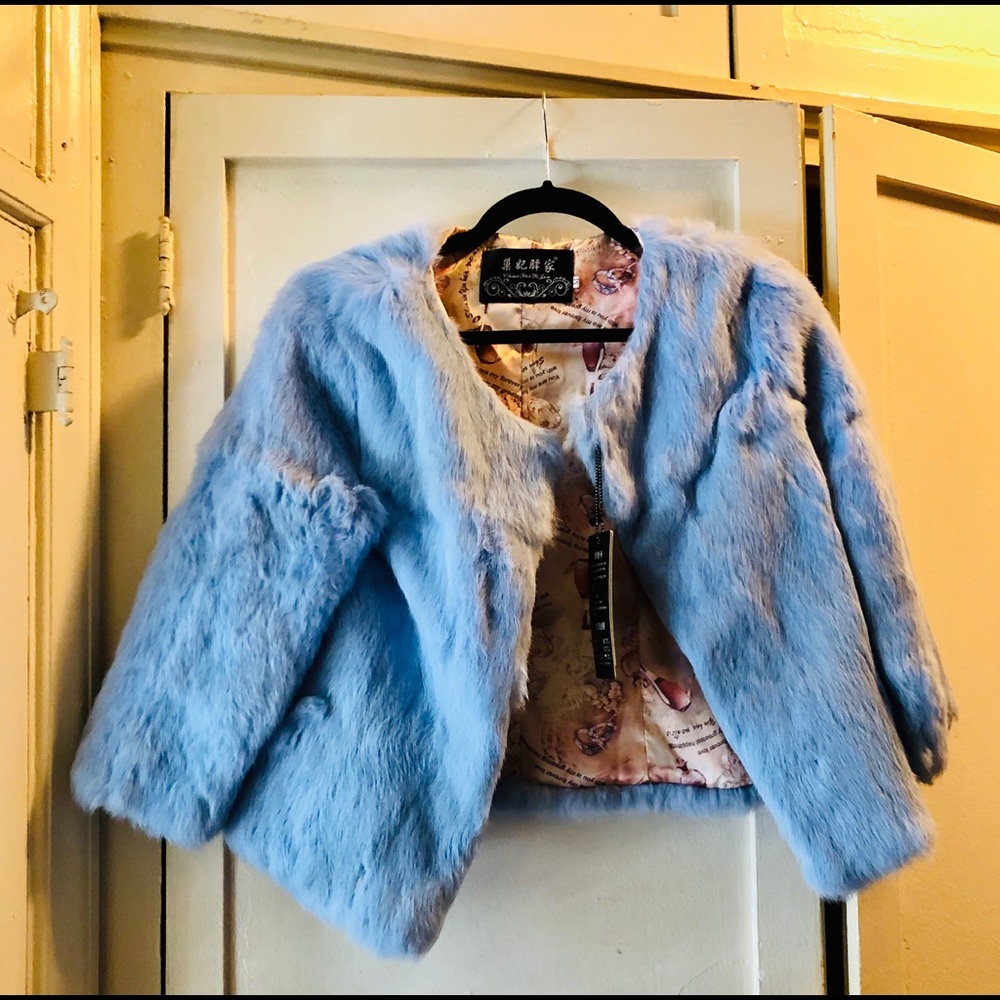 Fur Coat Genuine Rabbit Powder Blue Size Small